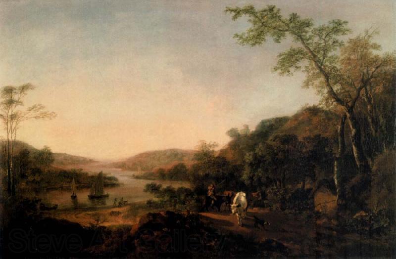 Thomas Gainsborough An Extensive River Landscape with Cattle and a Drover and Sailing Boats in the distance Germany oil painting art